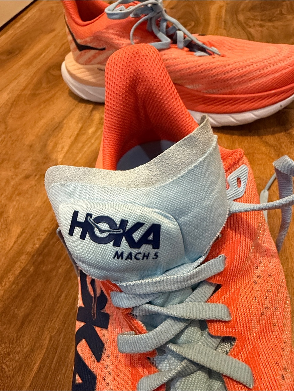 Hoka Mach 5 pro fly plus Women's Coral Running Shoes with Light Blue Laces - Picture 8 of 9